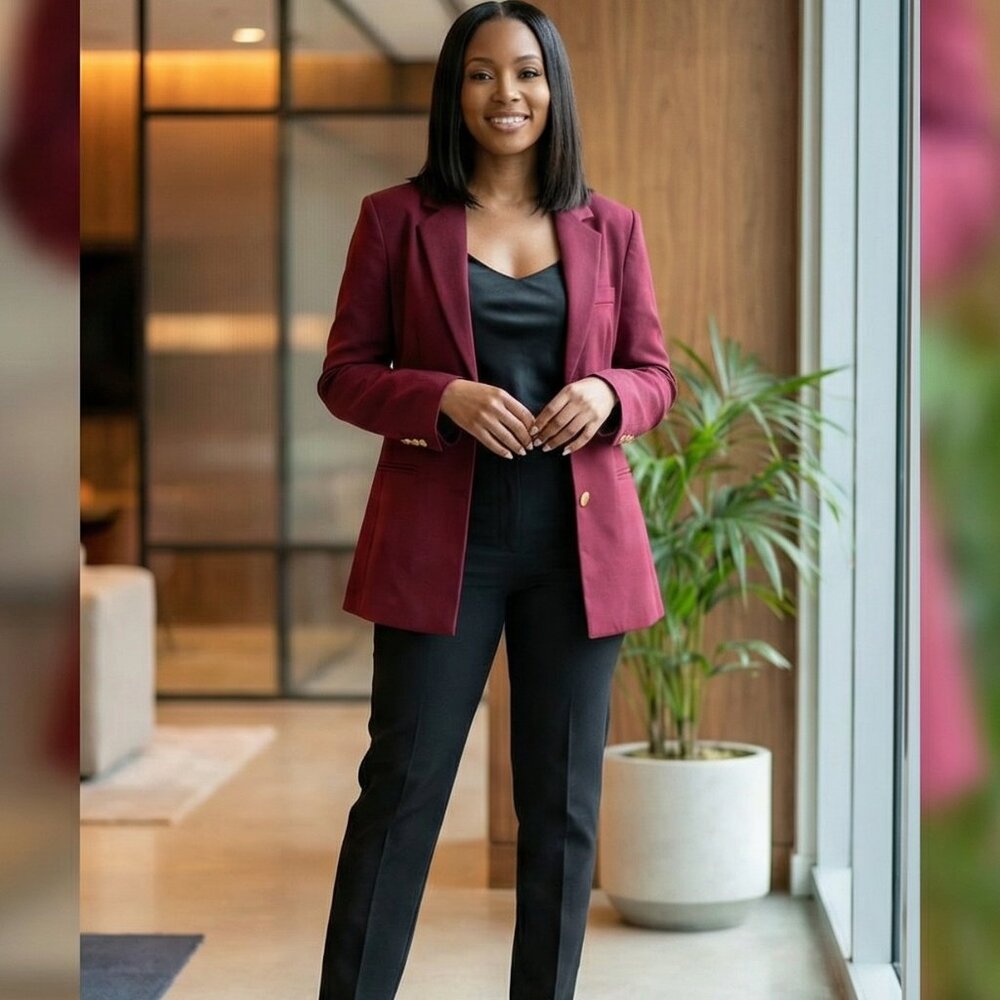 Burgundy Tailored Blazer with Gold Buttons – Classic Notch Lapel,Single-Breasted